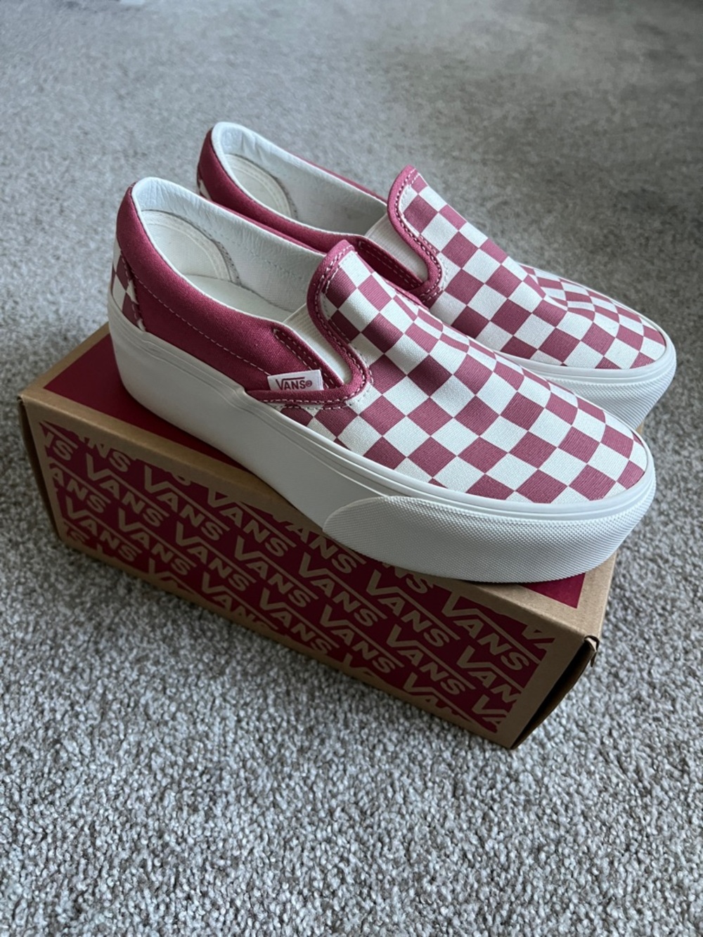 Vans Pink and White Checkerboard Platform Slip-Ons